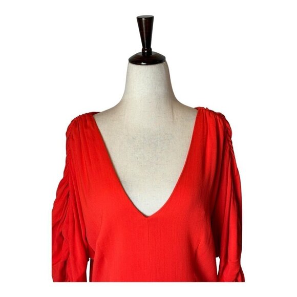 Nicholas Dress Women 10 Red V Neck Gathered Sleeve Fit And Flare Midi - Picture 4 of 12